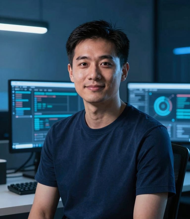 approachable portrait of a DevOps architect in a modern tech workspace, cool screen glow, crisp studio lighting, deep blue tones, 35mm