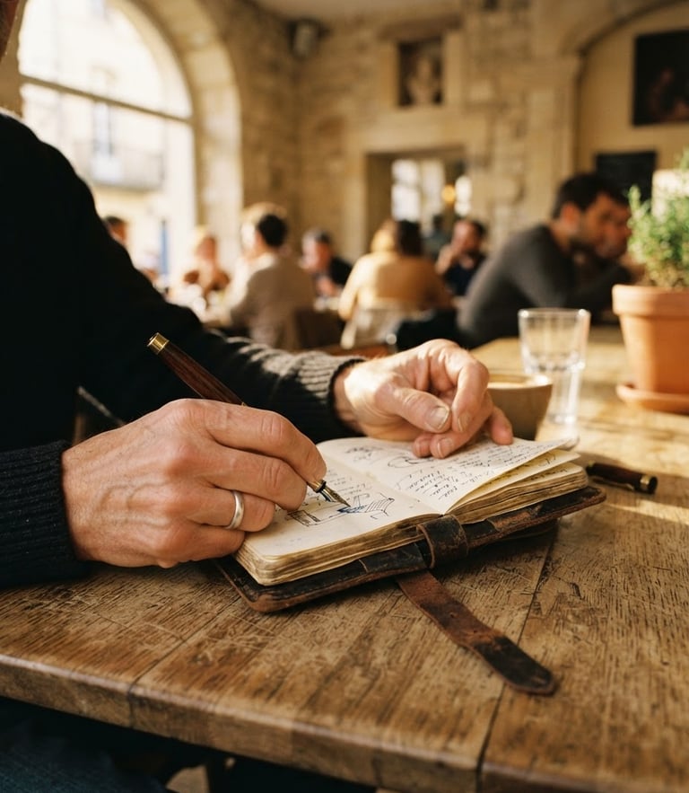 Intimate close-up of a traveler's hands holding a vintage leather-bound journal and a fountain pen on a rustic wooden table in a sunlit European cafe, warm golden-hour lighting, cinematic depth of field, 35mm film.