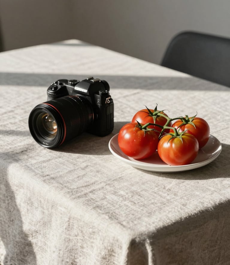 A clean, modern restaurant table with a linen cloth, soft Scandinavian daylight casting long shadows, a camera lens resting beside a fresh plate of heirloom tomatoes.