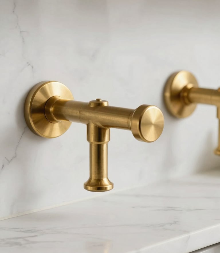 Close-up of polished unlacquered brass fixtures against a clean white marble backsplash, warm daylight highlighting the pristine textures.