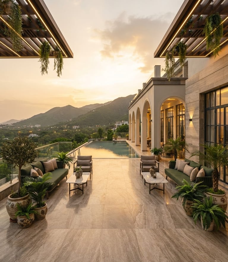 Symmetrical architectural view of a modern luxury villa terrace in Islamabad, soft evening golden-hour light casting long shadows on premium marble flooring.