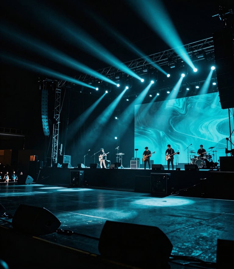 Dramatic wide-angle shot of a high-energy live event stage with electric cyan lighting and deep obsidian shadows, 35mm lens.