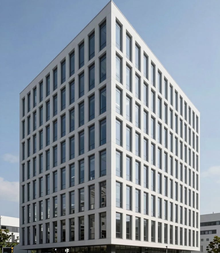 High-resolution architectural render of a modern minimalist office building, clean geometric lines, bright daylight, blue sky background, professional composition.
