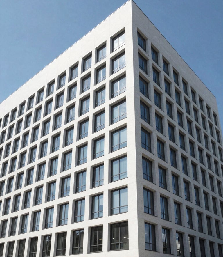 Wide-angle architectural elevation render of a modern minimalist office building, clean geometric lines, bright daylight, clear blue sky, highly structured composition.