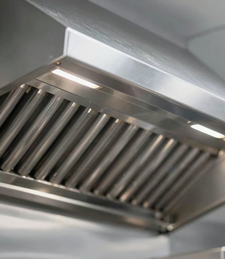 Close-up of a sparkling clean commercial kitchen exhaust hood, polished stainless steel, sharp focus, professional depth of field