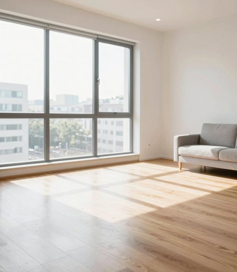 Bright modern apartment living room post-clean, natural sunlight streaming through large windows, pristine hardwood floors, sharp focus