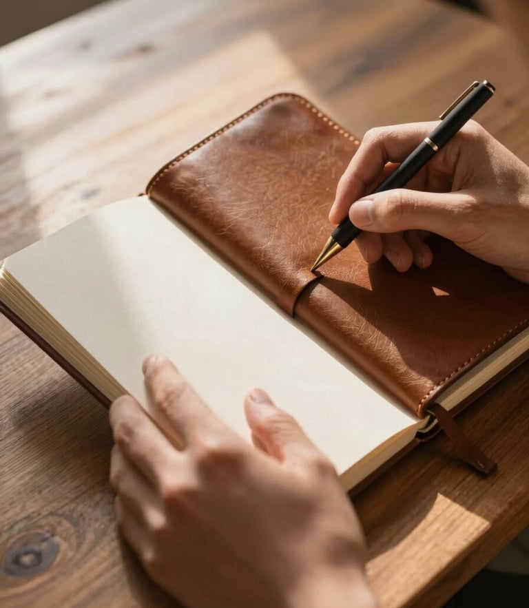 A close-up shot of hands holding a leather-bound notebook on a wooden table, warm morning sunlight streaming across the page, creating soft shadows.