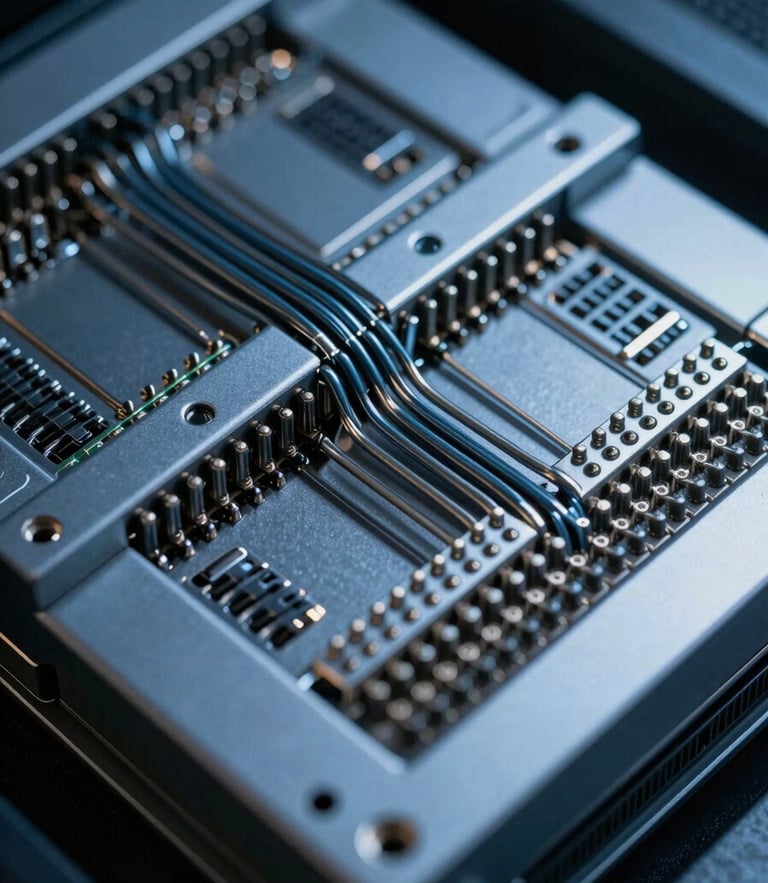 Extreme close-up of a high-security server blade, clinical cold blue-grey light reflecting off metallic pins and structured wire pathways, macro depth of field.
