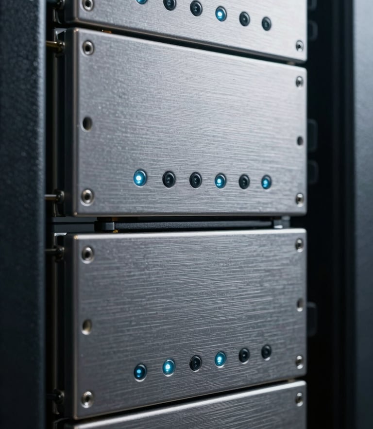 Extreme macro close-up of high-security server architecture, brushed steel panels, cold blue-grey indicator lights, precise structural alignment.