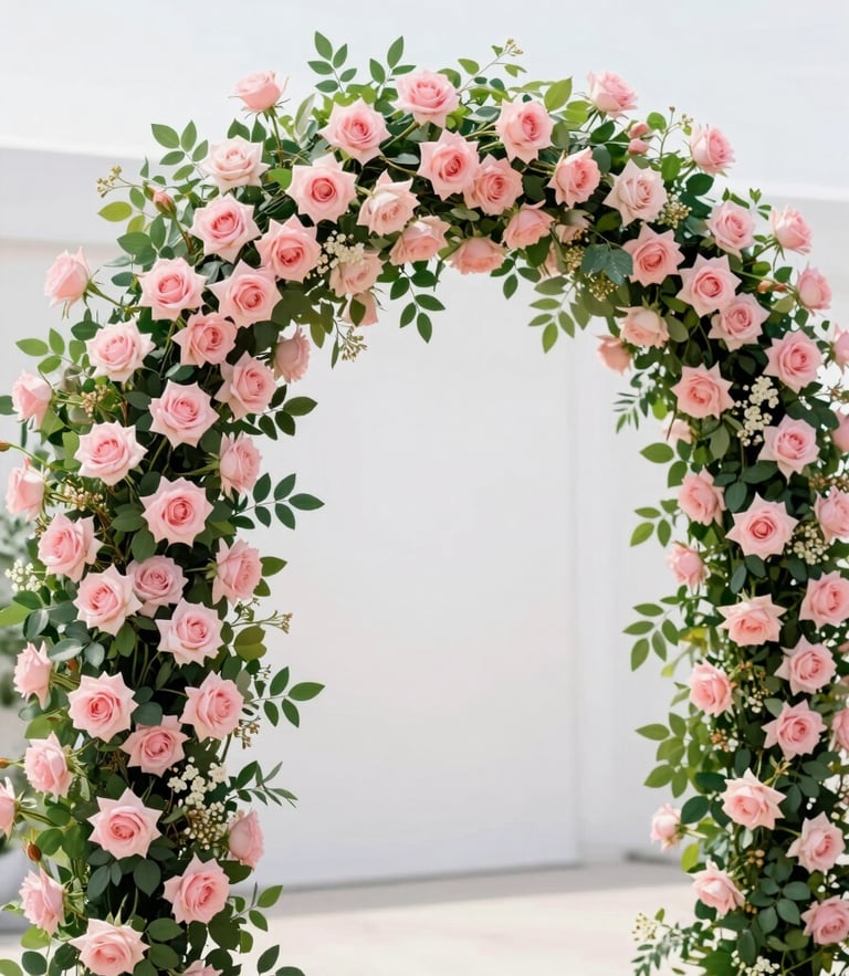 Bright editorial photography of a massive floral archway featuring soft pink roses and fresh green foliage, natural daylight, clean white background, shallow depth of field