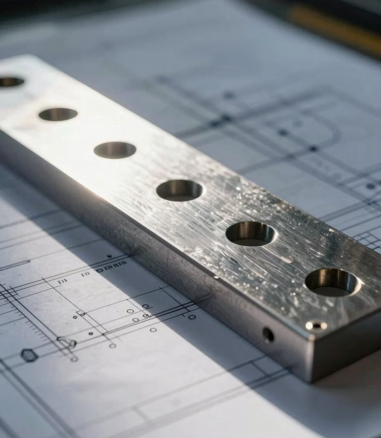 Macro close-up of a technical engineering blueprint overlaid on a heavy CNC-machined steel wear plate, dramatic side-lighting, cool workshop daylight, precise dimensional lines visible.