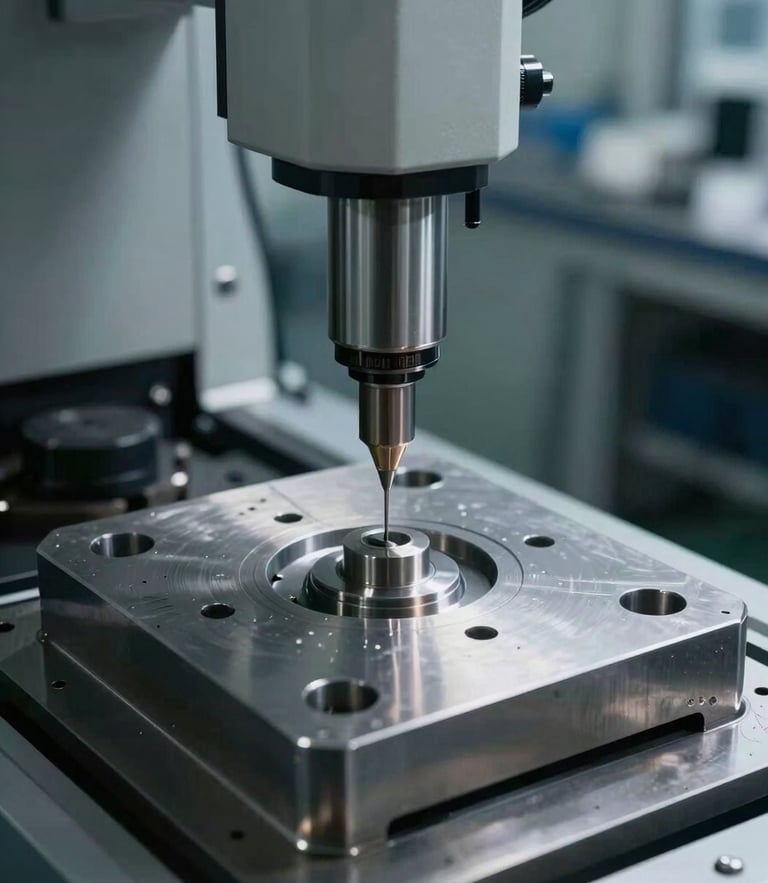A high-precision coordinate measuring machine probe measuring a heavy machined steel wear plate in a cool-lit industrial quality control lab, dramatic side lighting emphasizing raw steel textures.