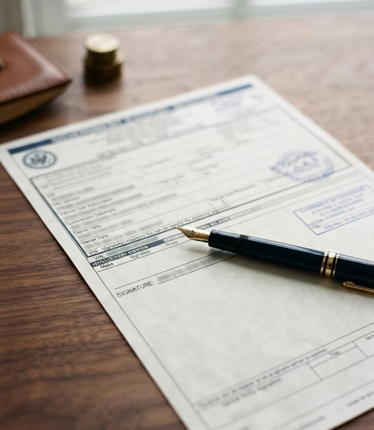 Close-up of official automotive registration forms on a wooden desk, a professional fountain pen resting on the signature line, soft natural daylight, 35mm