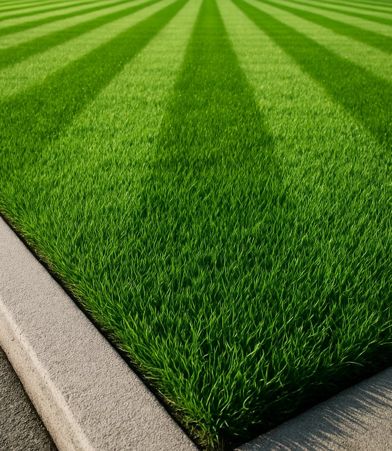 Low-angle shot of a perfectly striped residential lawn in Auckland, crisp concrete-to-turf edging, bright morning daylight with natural dew, rich natural greens
