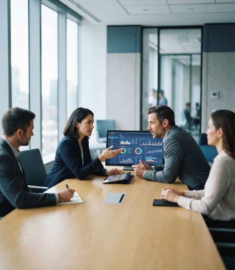 A professional corporate training room with bright natural office daylight, executives collaborating over digital dashboards, shallow depth of field, 35mm