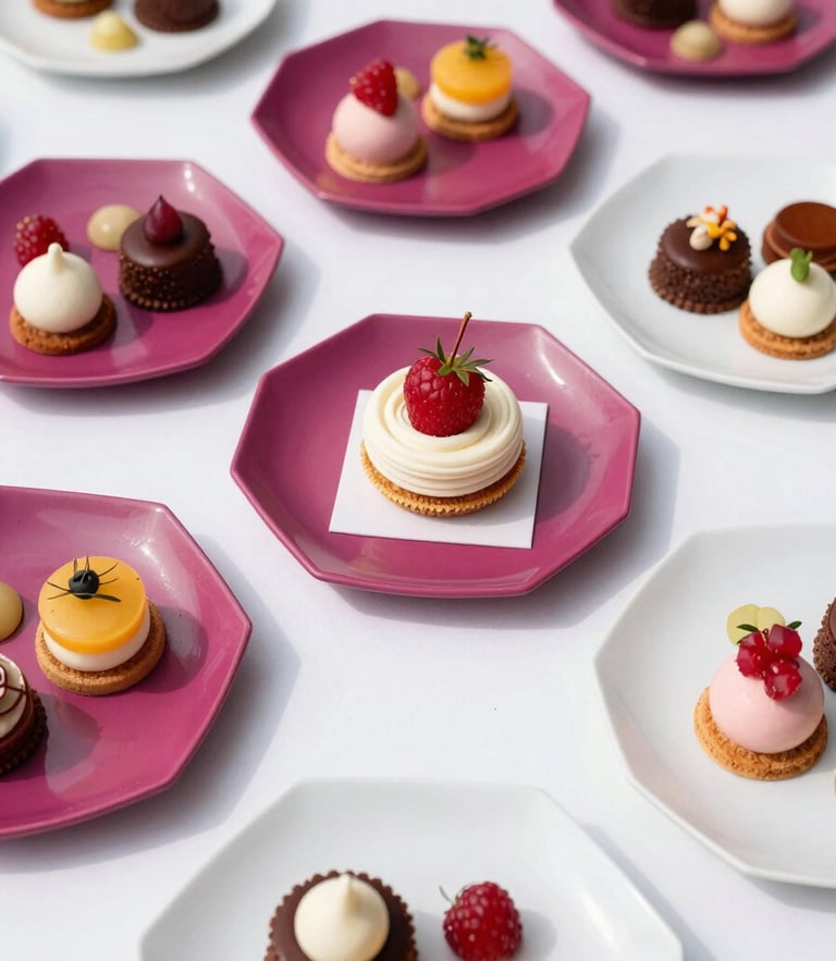 Overhead flat-lay of a vibrant corporate catering table, modern geometric plates with colorful desserts, rich magenta accents, crisp daylight, high-end styling.