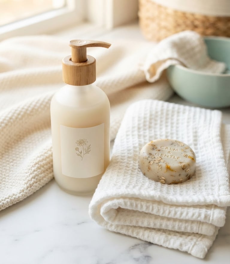 Bright clean close-up of gentle organic baby soap and soft cotton towels, warm morning light, clinical teal and soft cream tones, sharp focus
