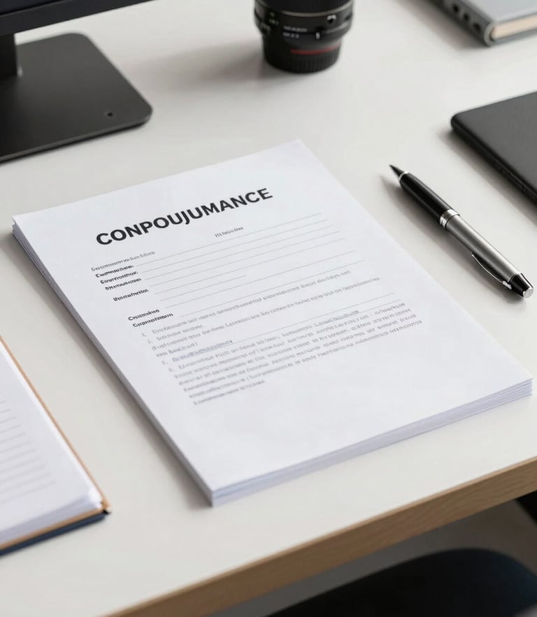 A professional legal compliance document on a clean slate desk, a pen resting beside it, bright natural daylight, sharp focus, professional operational environment