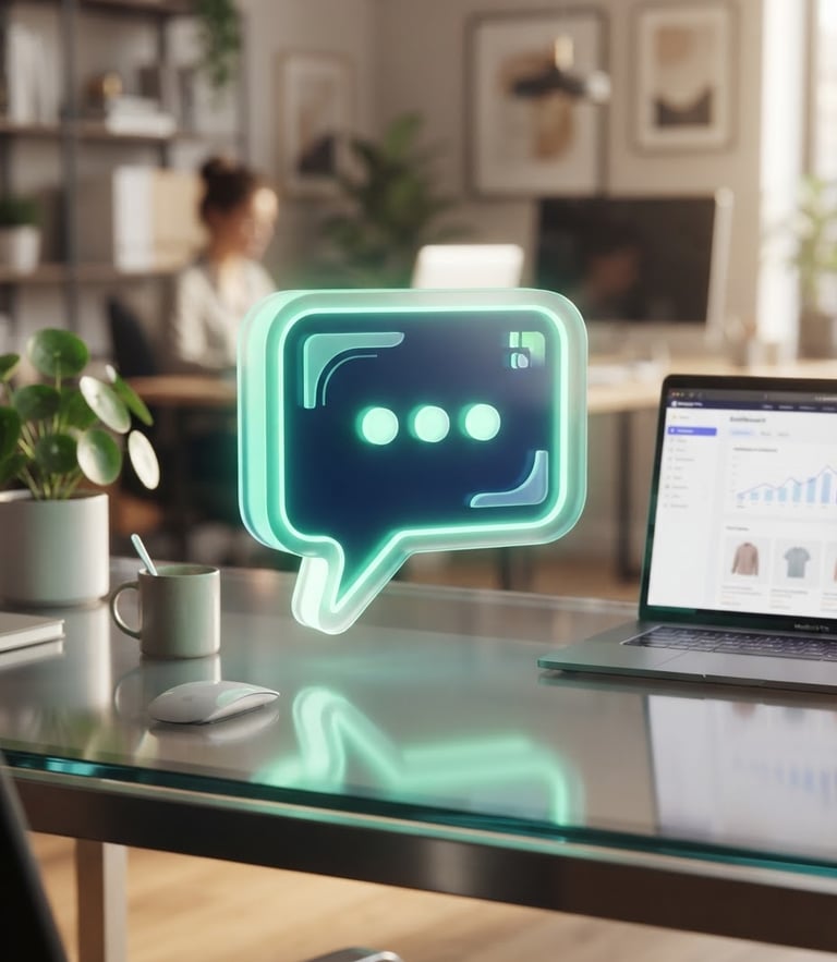 Sleek 3D render of a glowing green and navy chat bubble floating over a modern glass desk, professional e-commerce workspace background, warm studio lighting