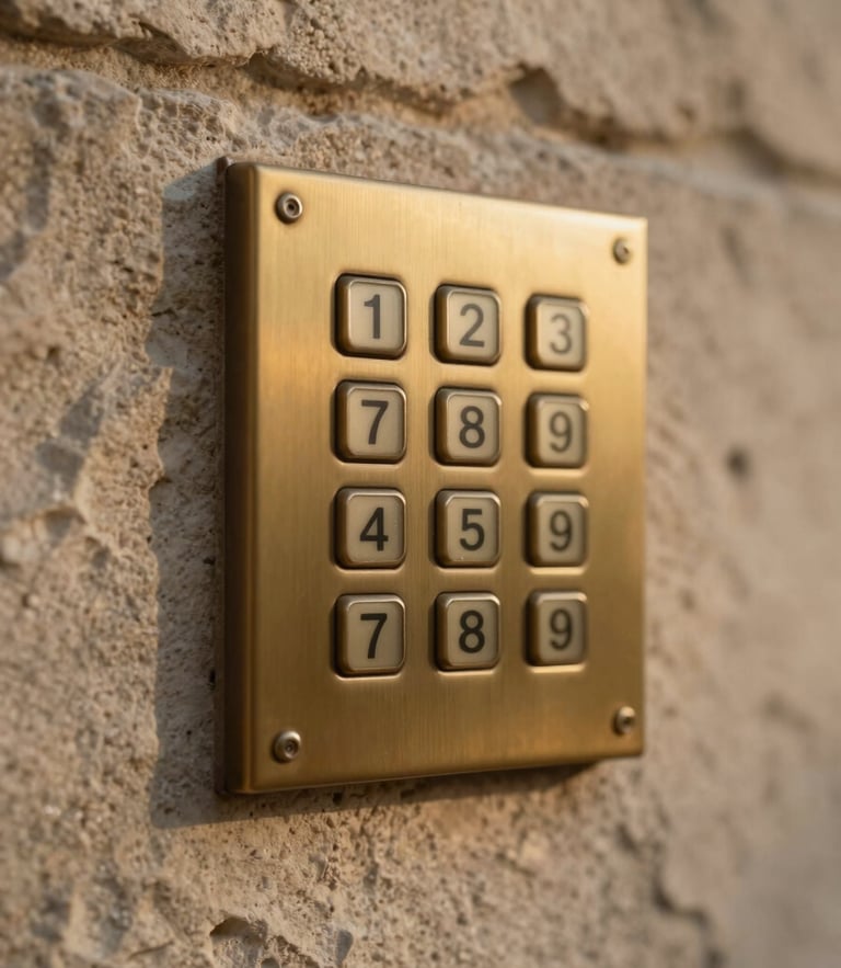 Extreme close-up of a flush-mounted custom brass keypad integrated seamlessly into a raw textured stone wall, soft warm evening light casting gentle shadows, architectural precision, low contrast.