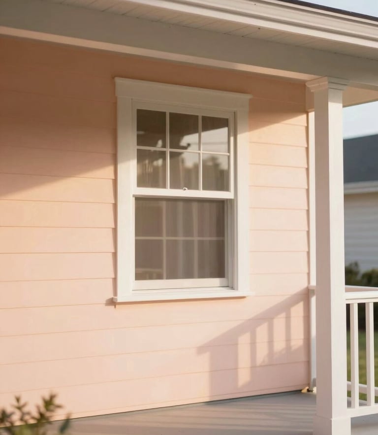 Sunlit residential home exterior with a welcoming front porch, soft morning window light, gentle peach tones, shallow depth of field, 35mm