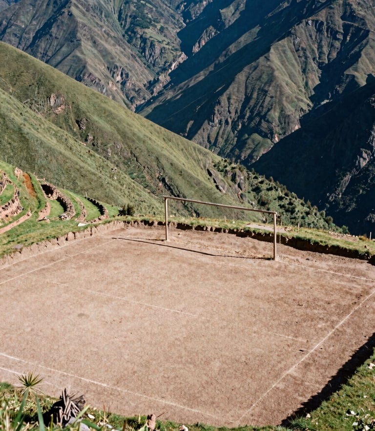 Wide-angle documentary shot of a newly terraced dirt soccer pitch carved into a steep green mountain ridge in Peru, natural harsh afternoon sun, a single rustic wooden goalpost, dramatic deep valleys in the background, 35mm film texture.