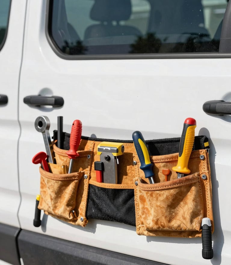 Straight-on close-up of a carpenter organized tool belt and hand tools in a clean work van, bright natural daylight