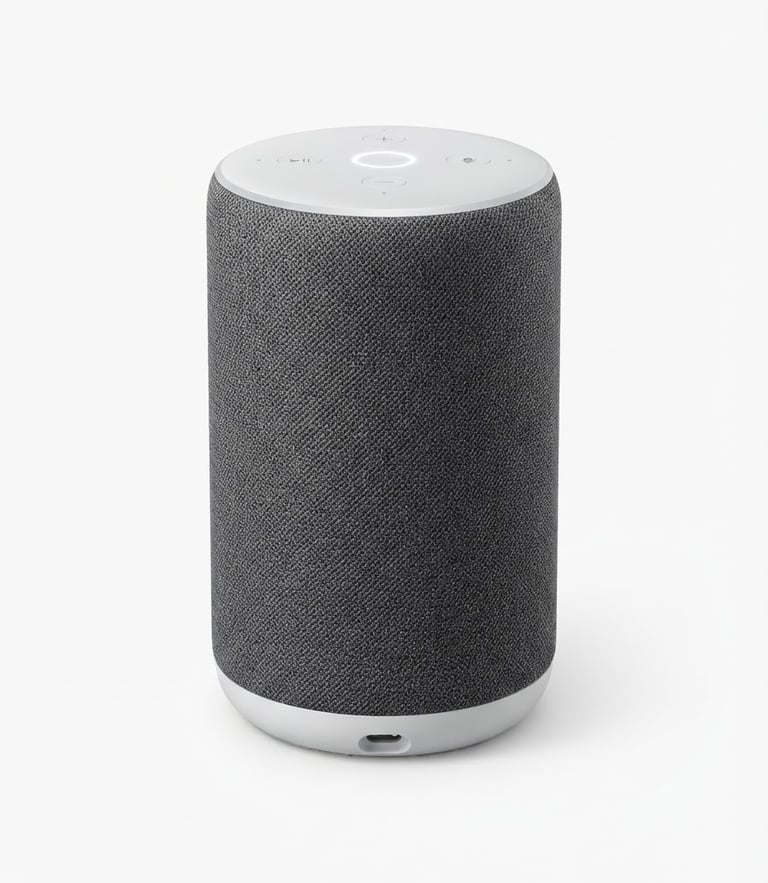 Bright high-key studio photography, a sleek modern smart speaker on a pristine white background, soft natural shadows, minimalist aesthetic