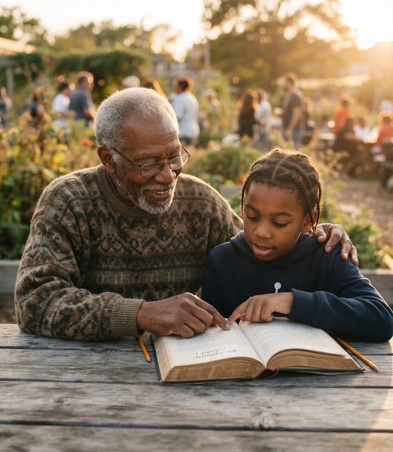 Candid portrait of an elderly community mentor guiding a young student with a book, warm natural golden-hour light, soft focus background