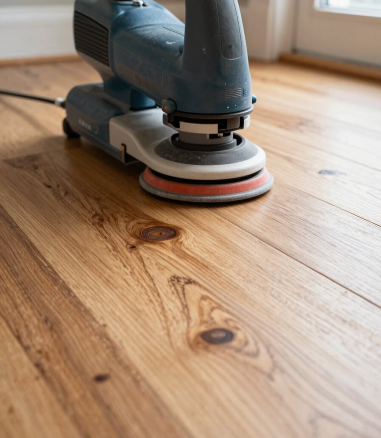 Close-up of dustless sanding machinery operating on a historic hardwood floor, revealing clean light oak wood grain beneath old dark varnish