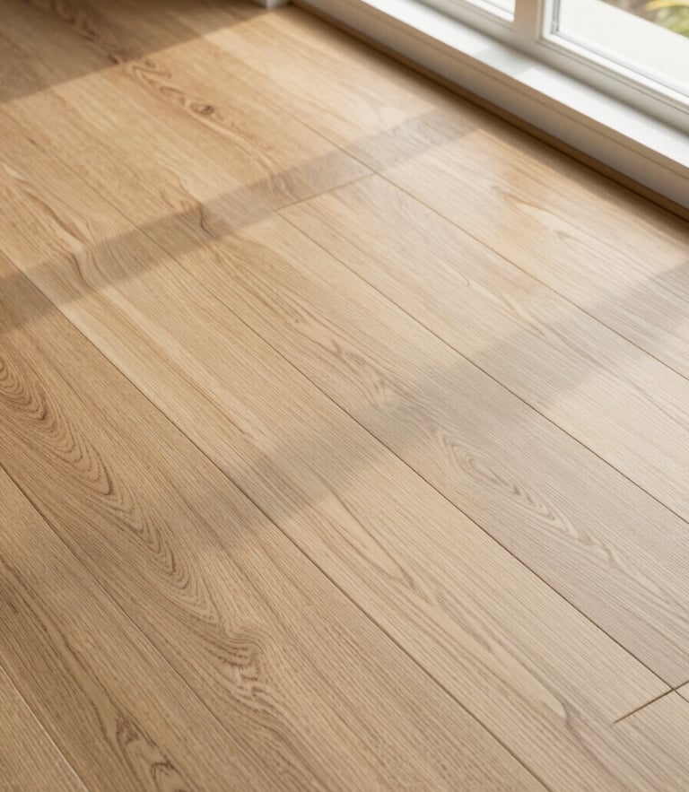 Overhead detail shot of interlocking luxury vinyl planks with natural oak grain texture, bright Southern California window light, sharp detail, 35mm lens