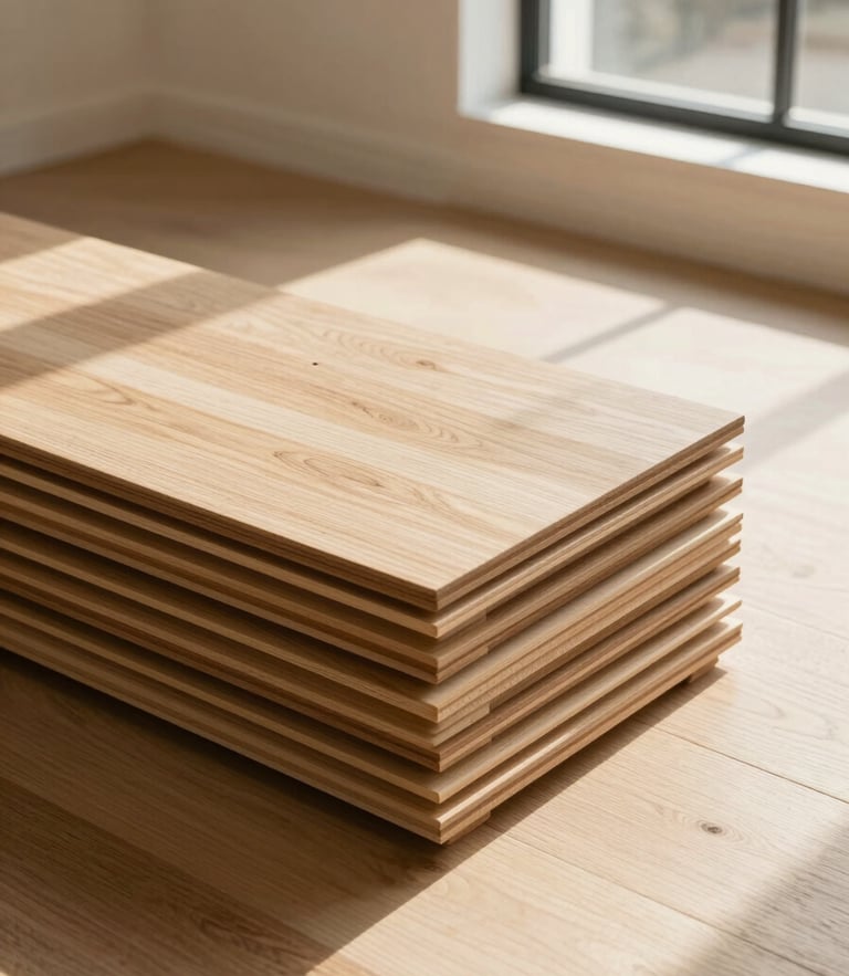 Warm architectural photography of premium white oak floorboards stacked neatly in a bright, sunlit Los Angeles room, highlighting natural wood grain and textures under Southern California window light, 35mm lens.