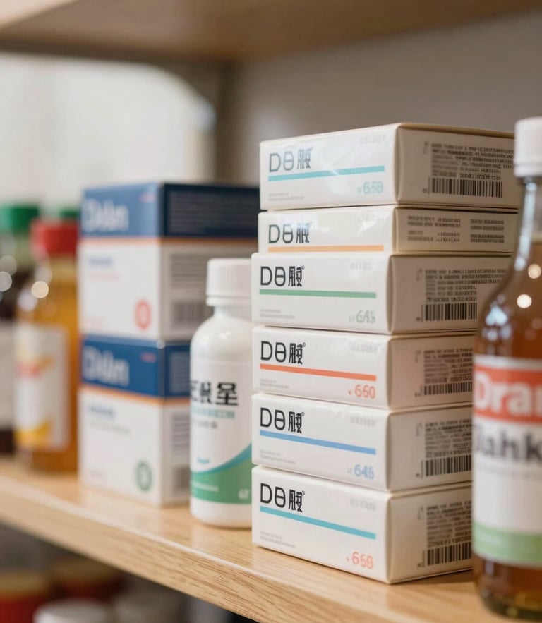 A close-up photograph of neatly stacked daily household groceries on warm wooden shelves, soft daytime window light, shallow depth of field, no medicine