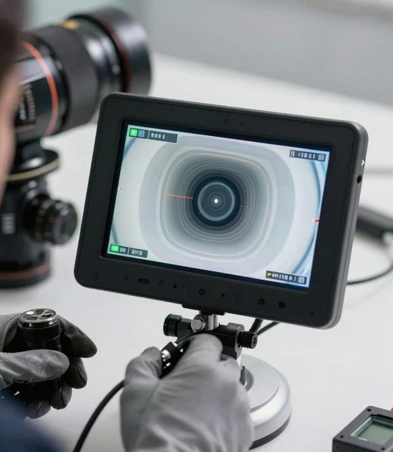 Close-up of a high-tech video inspection screen showing the clean interior of a pipe, a professional technician's gloved hand adjusting the camera cable, bright daylight, clean and modern tools.