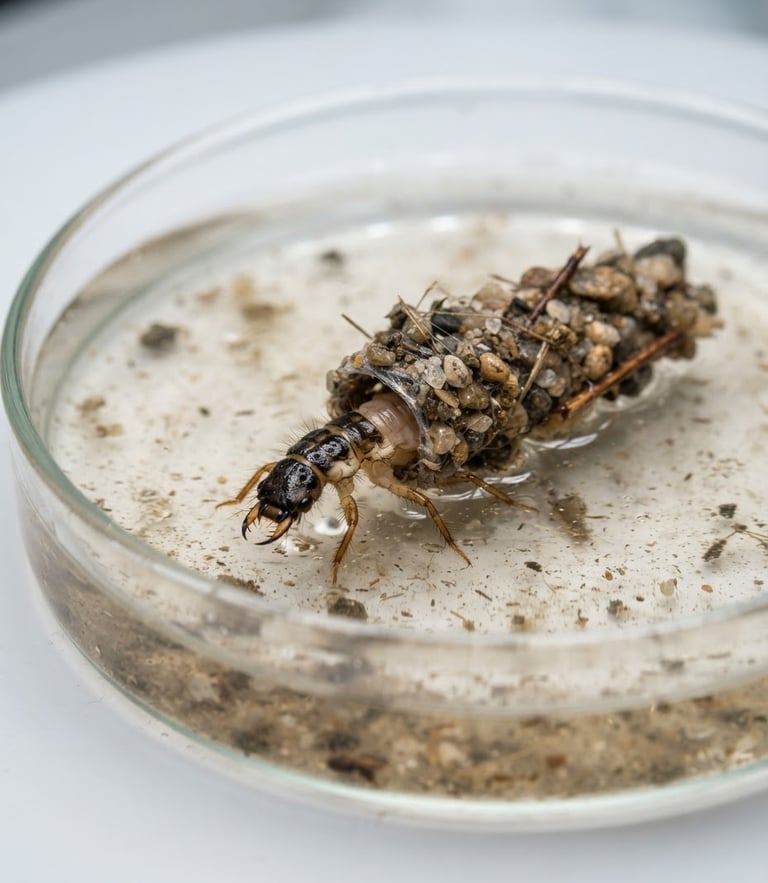 Macro photography of a caddisﬂy larva in a petri dish under crisp laboratory ring light, scientific riverine tones