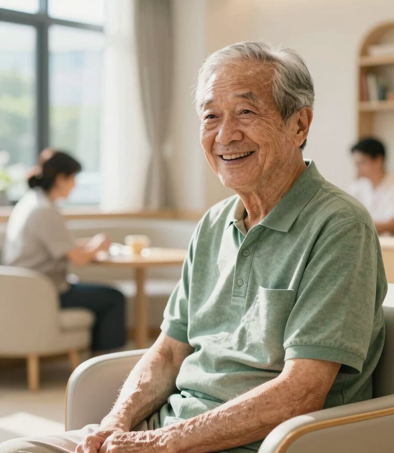 A dignified Hong Kong senior smiling, sitting in a bright modern day care center, soft natural daylight, warm tones, high contrast, professional editorial photography