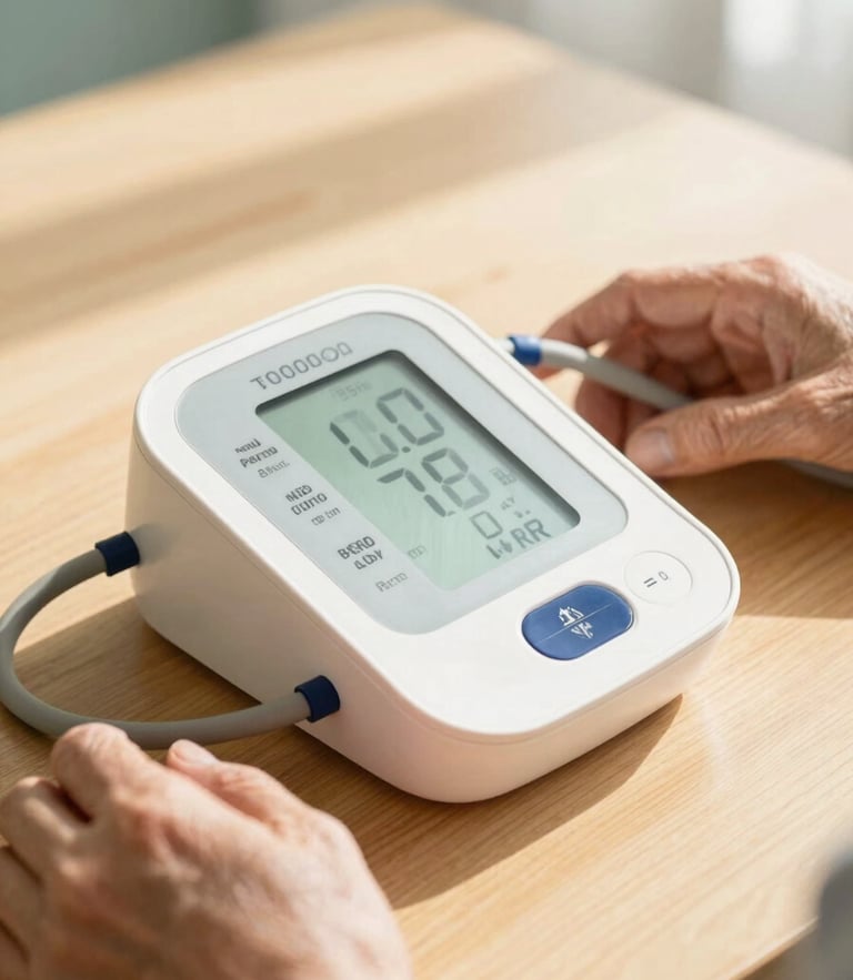Close-up of a high-contrast digital blood pressure monitor on a warm wooden table, soft morning sunlight, a senior's hand resting gently beside it, warm editorial style