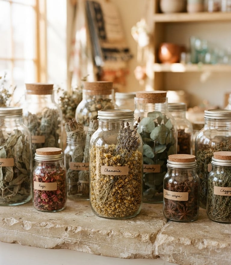 A close-up of dried botanicals and clean glass jars on a limestone counter, warm sunlit store interior, soft natural window light, 35mm