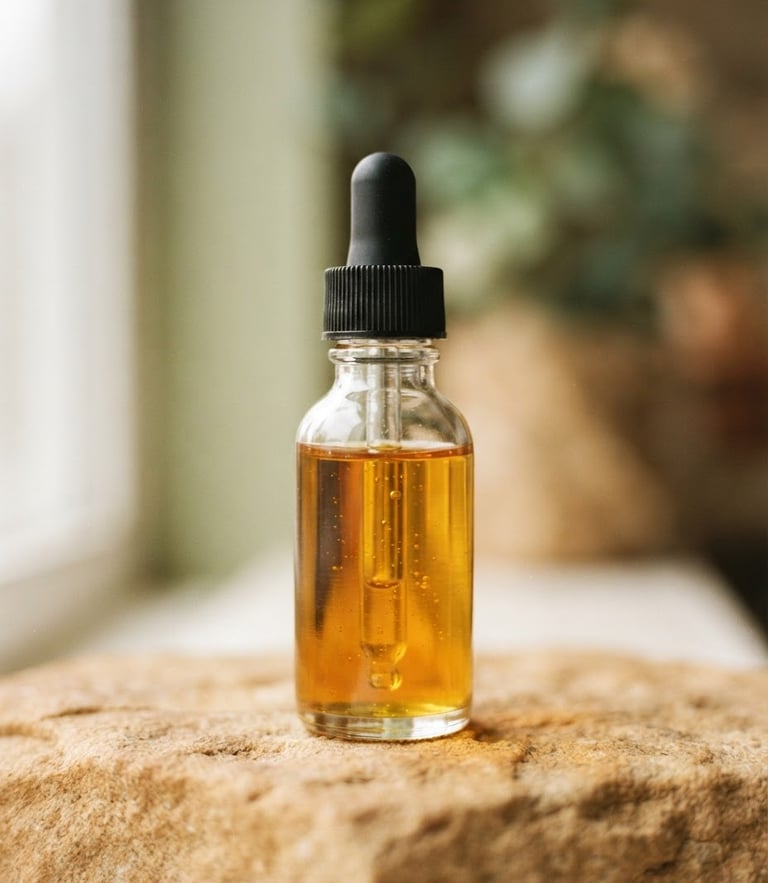 A macro photograph of a clean glass dropper bottle filled with golden cannabinoid oil, resting on a warm sand-colored stone surface, soft natural window light, shallow depth of field.