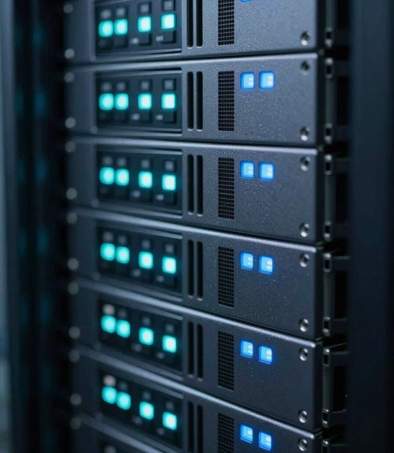 Macro shot of secure server hardware in a clinical data center, cool-toned blue and teal status lights blinking on rack-mounted units, shallow depth of field, high-precision technology.
