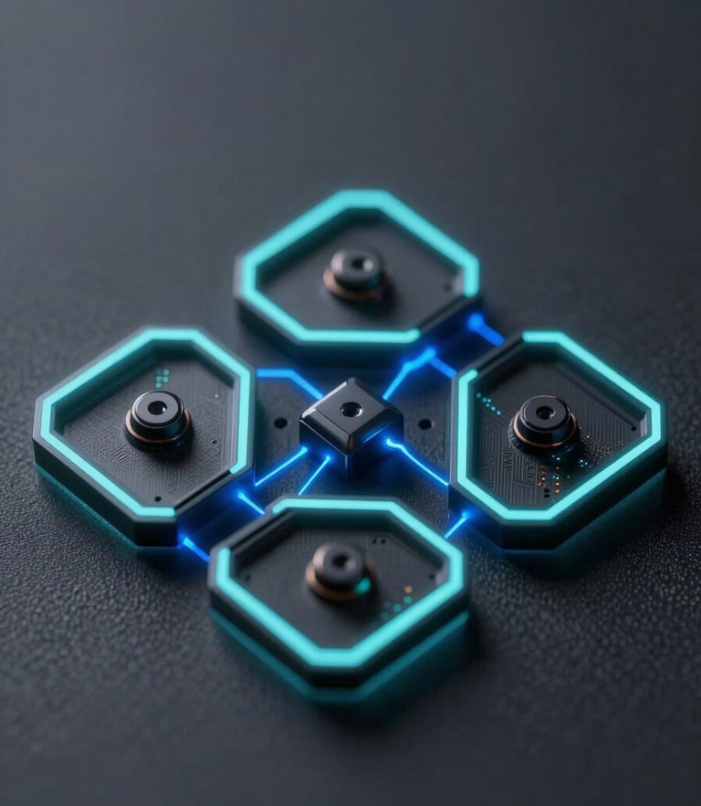 Macro crop of complex digital geometry, isometric network layout with glowing cyan edge-glows and electric blue light leaks against a deep graphite backdrop.