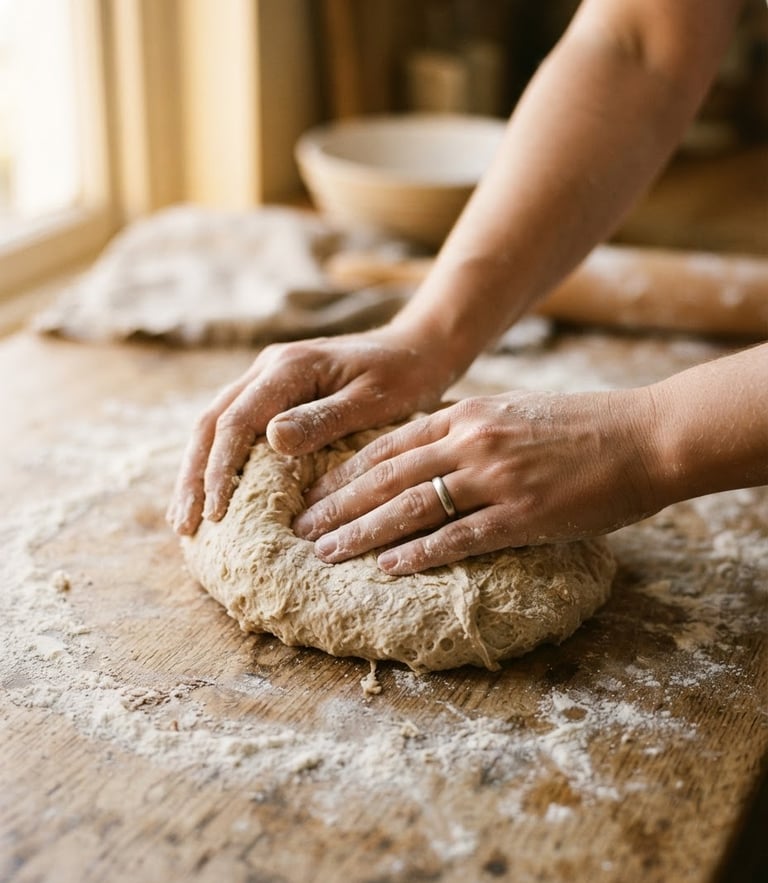 Intimate close-up of hands kneading sourdough on a flour-dusted wooden table, warm golden window light, tactile grain, 35mm photography