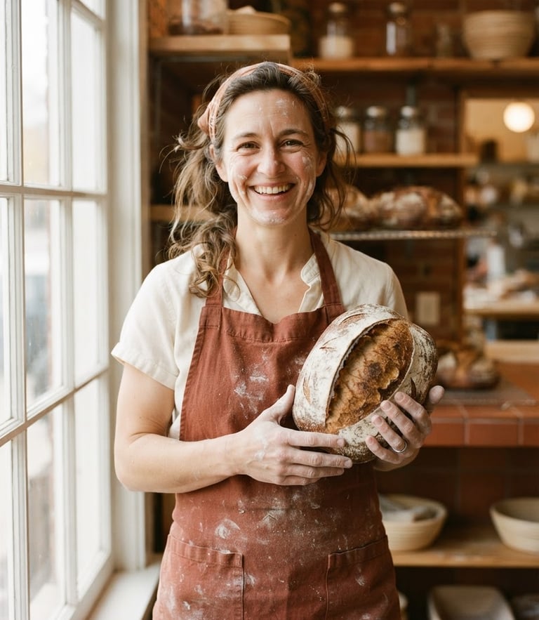 Warm editorial portrait of a smiling local Ohio baker holding a fresh, flour-dusted sourdough loaf, soft natural window light, rich terracotta tones, tactile grain, shallow depth of field, 35mm.