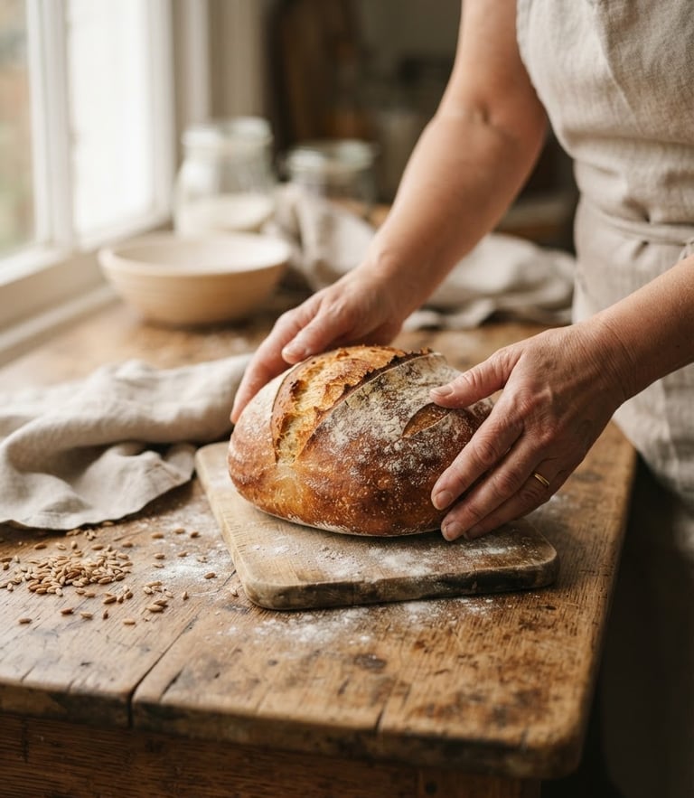Hands placing a warm, golden-brown loaf of sourdough bread onto a rustic wooden table, soft window light, warm editorial photography style.