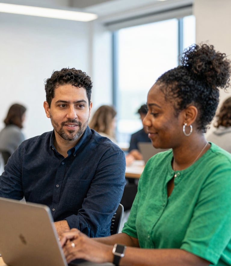 Candid environmental portrait of two diverse founders collaborating in a bright, modern Columbus incubator space, natural daylight, warm focus, shallow depth of field.