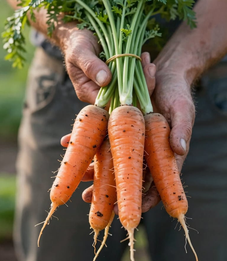 A close-up photograph of a farmer's dirt-stained hands gently holding freshly harvested heirloom carrots with green tops, soft natural morning side-light, shallow depth of field.