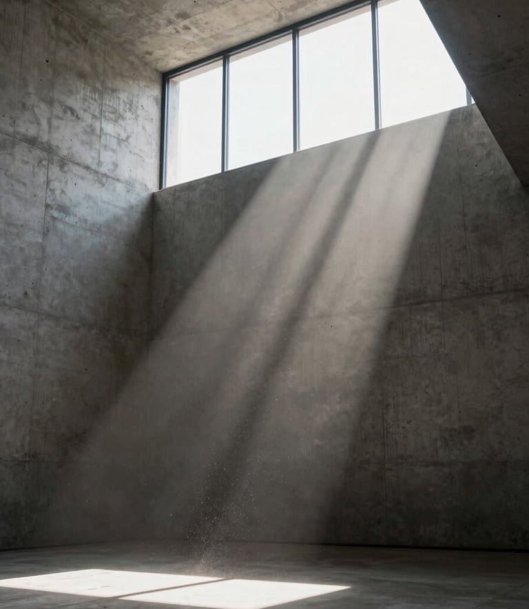 Portrait architectural render of a concrete interior, dramatic sunlight shafts cutting through high-altitude windows, realistic concrete dust particles visible in the light beam.
