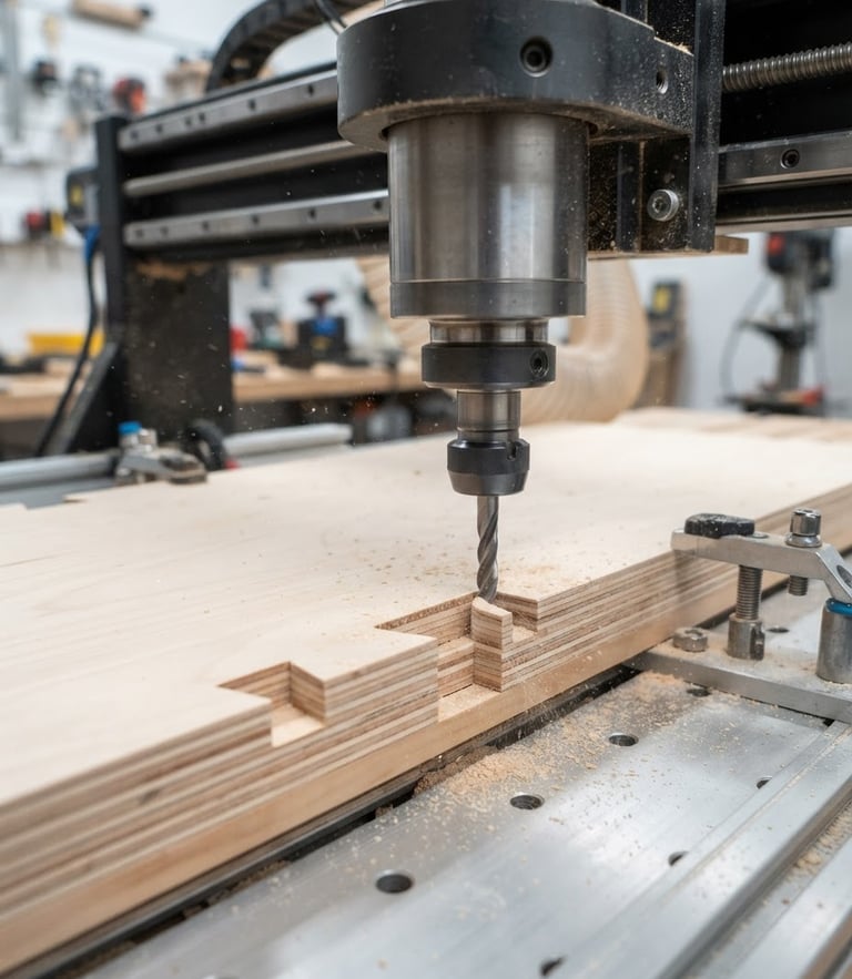 Crisp architectural detail of a high-precision CNC milling head cutting clean interlocking joints in birch plywood, bright even workshop lighting, sharp focus, 35mm lens