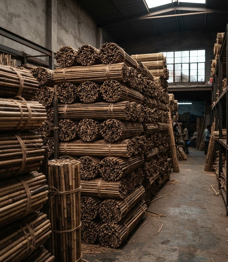 Neatly bundled raw bamboo sticks stacked in structured rows inside the Jaipur warehouse, bright natural daylight, rich charcoal tones