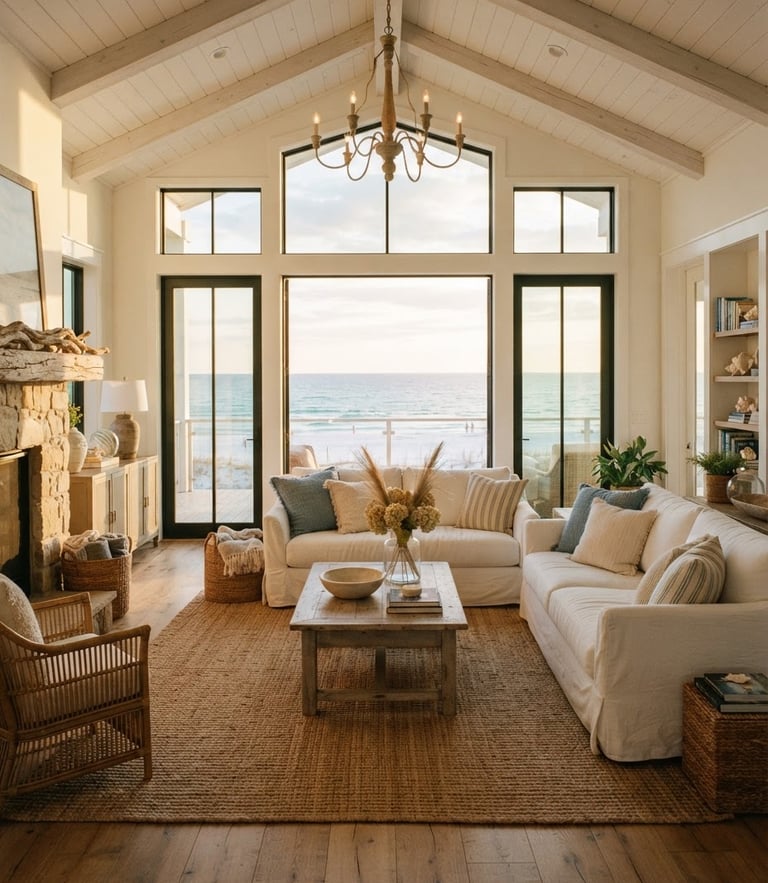A sun-drenched coastal living room with high ceilings, white linen sofas, warm oak floors, and large windows opening to a view of the Gulf of Mexico, bright golden-hour sunlight, 35mm lens.